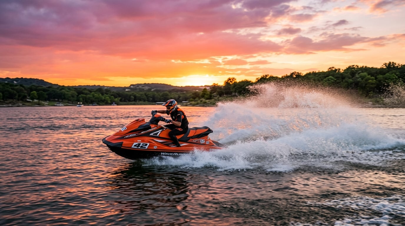 Jet ski riding across lake at sunset with dramatic orange sky